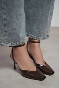 Nisantasi Shoes Kahla Brown Patent Ankle Tie Toe Light Detailed Women Heels Shoes - Image 4
