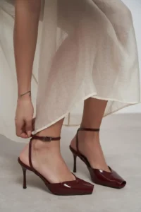 Nisantasi Shoes Kahla Burgundy Patent Ankle Tied Toe Light Detailed Women Heels Shoes - Image 4