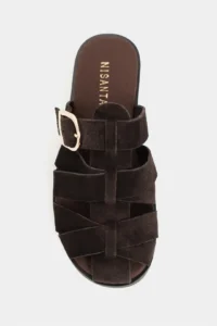 Nisantasi Shoes Honey BITTER BROWN GENUINE SUEDE Hair Clip Detailed Flat Sole Women Slippers - Image 4