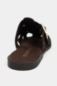 Nisantasi Shoes Honey BITTER BROWN GENUINE SUEDE Hair Clip Detailed Flat Sole Women Slippers - Image 5