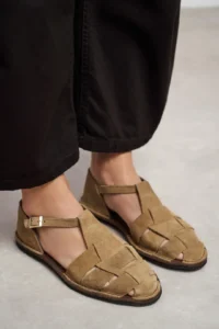 Nisantasi Shoes Hugel ROME BEIGE Suede Leather Hair Clip Detailed Flat Sole Women Sandals