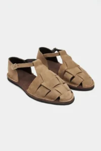 Nisantasi Shoes Hugel ROME BEIGE Suede Leather Hair Clip Detailed Flat Sole Women Sandals - Image 4