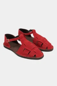 Nisantasi Shoes Hugel Red SUEDE Leather Hair Clip Detailed Flat Sole Women Sandals - Image 5