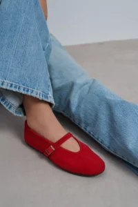 Nisantasi Shoes Mera Red SUEDE Hair Clip Detailed GENUINE Leather Hair Clip Detailed Flat Sole Women Flats - Image 8