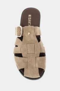 Nisantasi Shoes Lenox ROME BEIGE GENUINE SUEDE Belt Detailed Flat Sole Women Slippers - Image 3