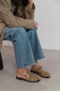 Nisantasi Shoes Lenox ROME BEIGE GENUINE SUEDE Belt Detailed Flat Sole Women Slippers - Image 7