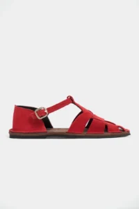 Nisantasi Shoes Solto Red SUEDE Leather Hair Clip Detailed Flat Sole Women Sandals