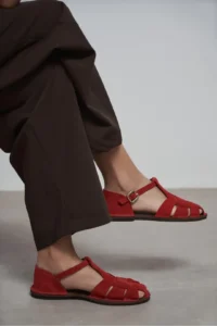 Nisantasi Shoes Solto Red SUEDE Leather Hair Clip Detailed Flat Sole Women Sandals - Image 3