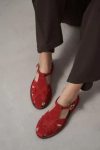 Nisantasi Shoes Solto Red SUEDE Leather Hair Clip Detailed Flat Sole Women Sandals - Image 4