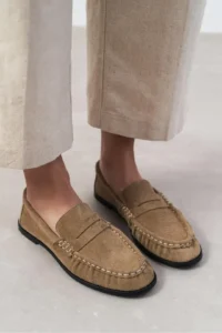 Nisantasi Shoes Elisha ROME BEIGE GENUINE SUEDE Flat Sole Loafer Women Shoes - Image 6
