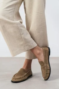 Nisantasi Shoes Elisha ROME BEIGE GENUINE SUEDE Flat Sole Loafer Women Shoes - Image 9