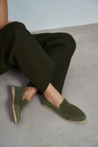 Nisantasi Shoes Nada Khaki GENUINE Suede Flat Sole Women Loafer