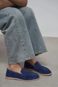 Nisantasi Shoes Nada Navy Blue GENUINE Suede Flat Sole Women Loafer - Image 2