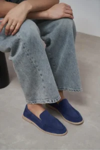 Nisantasi Shoes Nada Navy Blue GENUINE Suede Flat Sole Women Loafer - Image 4