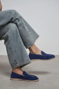 Nisantasi Shoes Nada Navy Blue GENUINE Suede Flat Sole Women Loafer - Image 5