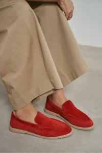 Nisantasi Shoes Nada Red GENUINE SUEDE Flat Sole Women Loafer - Image 6