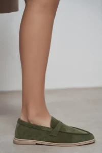 Nisantasi Shoes Bery Khaki GENUINE Suede Flat Sole Women Loafer - Image 6