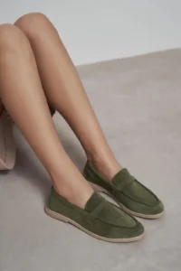 Nisantasi Shoes Bery Khaki GENUINE Suede Flat Sole Women Loafer - Image 7