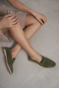 Nisantasi Shoes Bery Khaki GENUINE Suede Flat Sole Women Loafer - Image 8