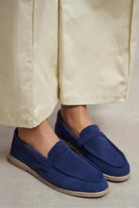 Nisantasi Shoes Bery Navy Blue GENUINE Suede Flat Sole Women Loafer - Image 7