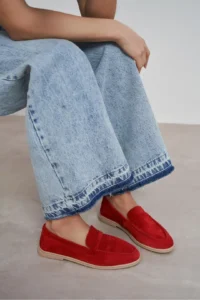 Nisantasi Shoes Bery Red GENUINE SUEDE Flat Sole Women Loafer - Image 6