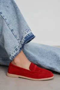 Nisantasi Shoes Bery Red GENUINE SUEDE Flat Sole Women Loafer - Image 7