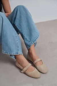 Nisantasi Shoes Berlin BEIGE Suede Drink-Dış Leather Medium Banded with buckle Plain Women Flats Shoes - Image 6