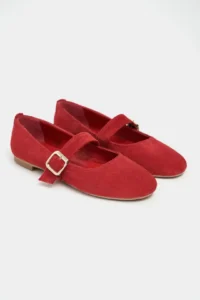 Nisantasi Shoes Berlin Red SUEDE Drink-Dış Leather Medium Banded with buckle Plain Women Flats Shoes - Image 4