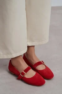 Nisantasi Shoes Berlin Red SUEDE Drink-Dış Leather Medium Banded with buckle Plain Women Flats Shoes - Image 5