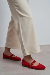 Nisantasi Shoes Berlin Red SUEDE Drink-Dış Leather Medium Banded with buckle Plain Women Flats Shoes - Image 6