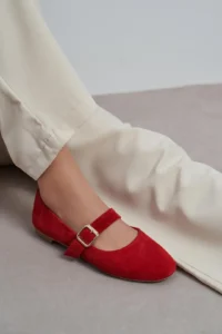 Nisantasi Shoes Berlin Red SUEDE Drink-Dış Leather Medium Banded with buckle Plain Women Flats Shoes - Image 7