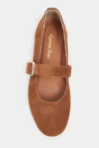 Nisantasi Shoes Berlin Tan Suede Drink-Dış Leather Medium Banded with buckle Plain Women Flats Shoes - Image 3