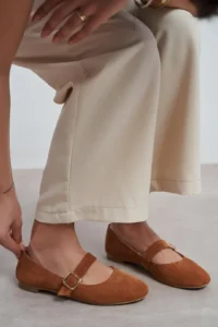 Nisantasi Shoes Berlin Tan Suede Drink-Dış Leather Medium Banded with buckle Plain Women Flats Shoes - Image 6