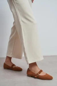 Nisantasi Shoes Berlin Tan Suede Drink-Dış Leather Medium Banded with buckle Plain Women Flats Shoes - Image 7