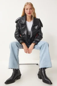 Happiness İstanbul Women Black Oversized Faux Leather Jacket