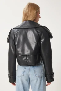 Happiness İstanbul Women Black Oversized Faux Leather Jacket - Image 10