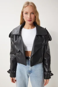 Happiness İstanbul Women Black Oversized Faux Leather Jacket - Image 3