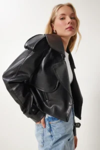 Happiness İstanbul Women Black Oversized Faux Leather Jacket - Image 4