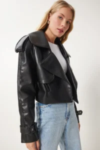 Happiness İstanbul Women Black Oversized Faux Leather Jacket - Image 5