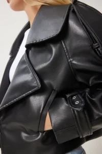 Happiness İstanbul Women Black Oversized Faux Leather Jacket - Image 6
