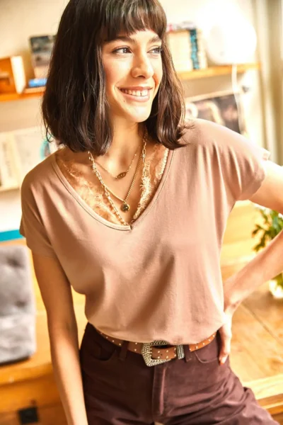 Olalook Women's Beige Collar Lace Casual Viscose Blouse