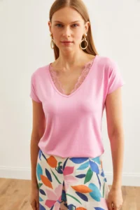 Olalook Women's Candy Pink Collar Lace Loose Viscose Blouse - Image 3