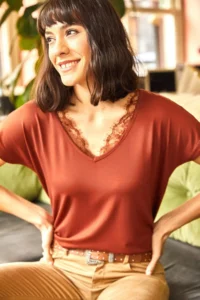 Olalook Women's Tile Collar Lace Casual Viscose Blouse
