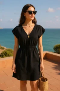 R  Women's Black Side Slits and Buckle V-Neck Mini Beach Dress - Image 2