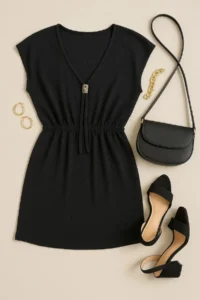 R  Women's Black Side Slits and Buckle V-Neck Mini Beach Dress - Image 3