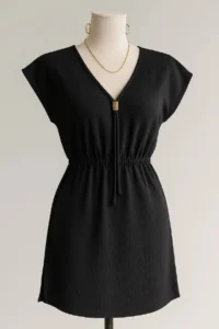 R  Women's Black Side Slits and Buckle V-Neck Mini Beach Dress - Image 4
