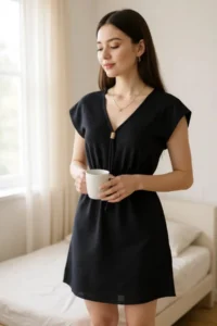 R  Women's Black Side Slits and Buckle V-Neck Mini Beach Dress - Image 7