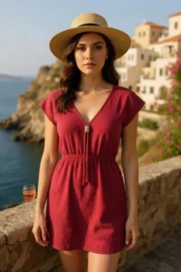R  Women's burgundy Side Slits Buckle V-Neck Mini Beach Dress - Image 2