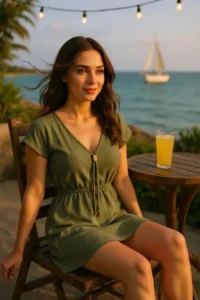 R  Women's Khaki Side Slits Buckle V-Neck Mini Beach Dress - Image 2