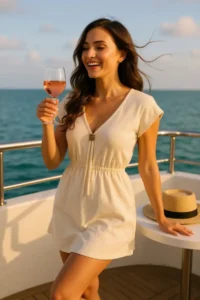 R  Women's white V-Neck Mini Beach Dress with Slits on the Sides and Buckles - Image 2